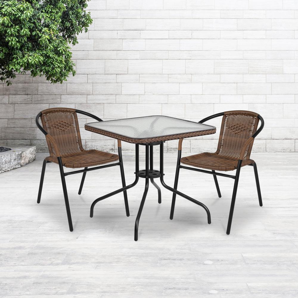 28'' Square Tempered Glass Metal Table with Dark Brown Rattan Edging. Picture 1