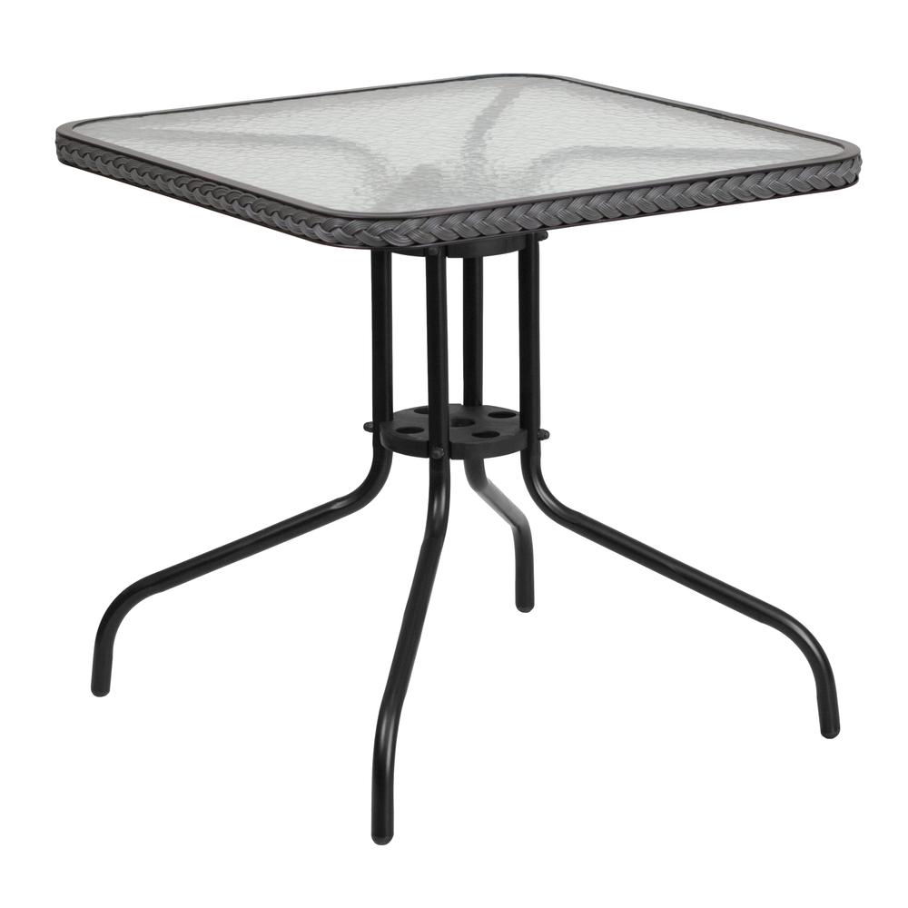 28'' Square Tempered Glass Metal Table with Gray Rattan Edging. Picture 2