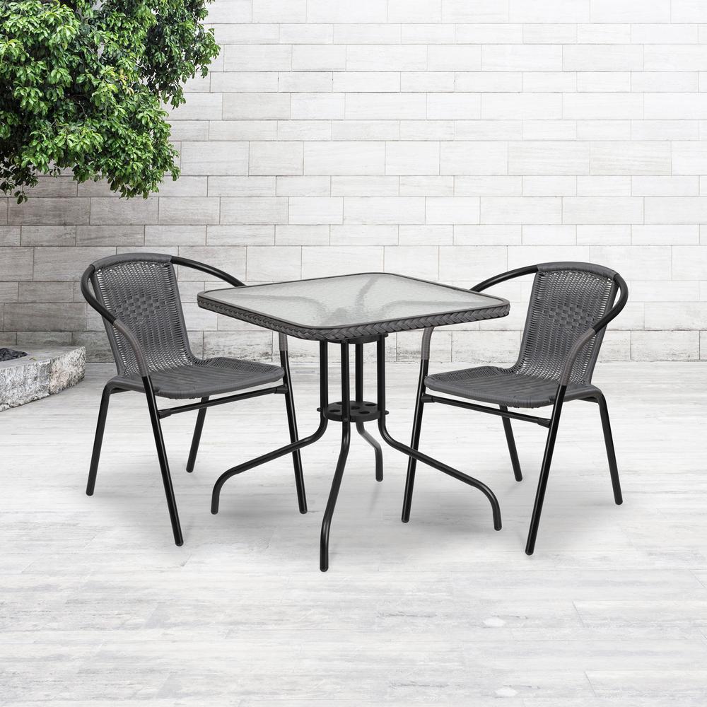 28'' Square Tempered Glass Metal Table with Gray Rattan Edging. Picture 1