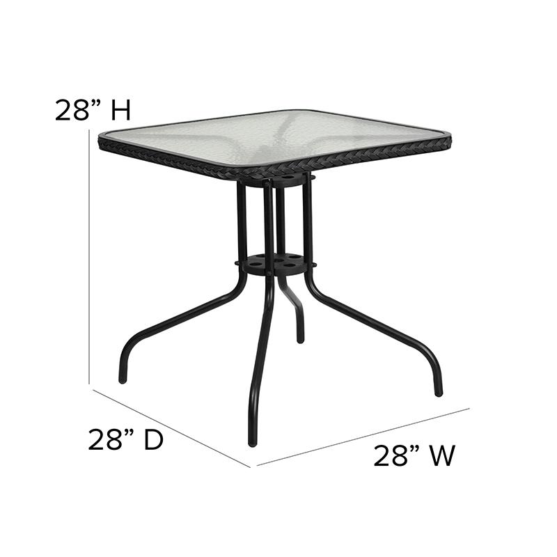 28'' Glass Metal Table with Black Rattan Edging and 2 Black Rattan Stack Chairs. Picture 5