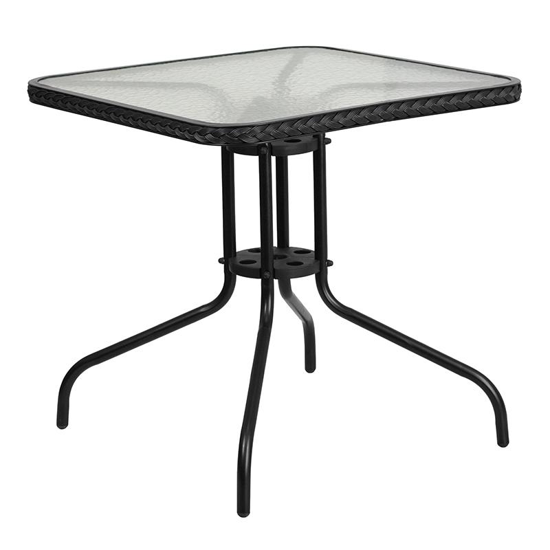 28'' Square Glass Metal Table with Black Rattan Edging and 2 Black Rattan Stack Chairs. Picture 2