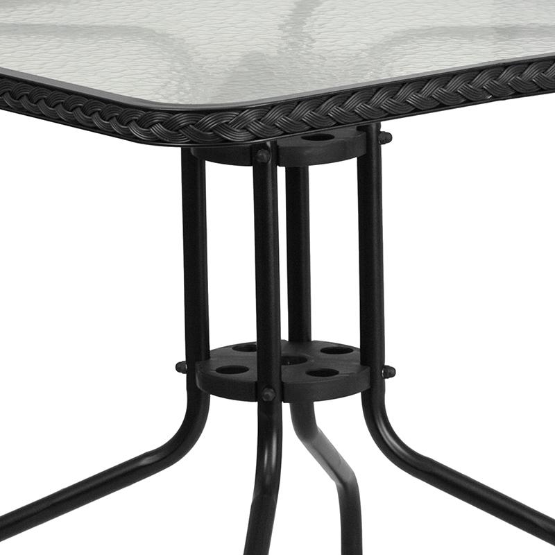 28'' Glass Metal Table with Black Rattan Edging and 2 Black Rattan Stack Chairs. Picture 6