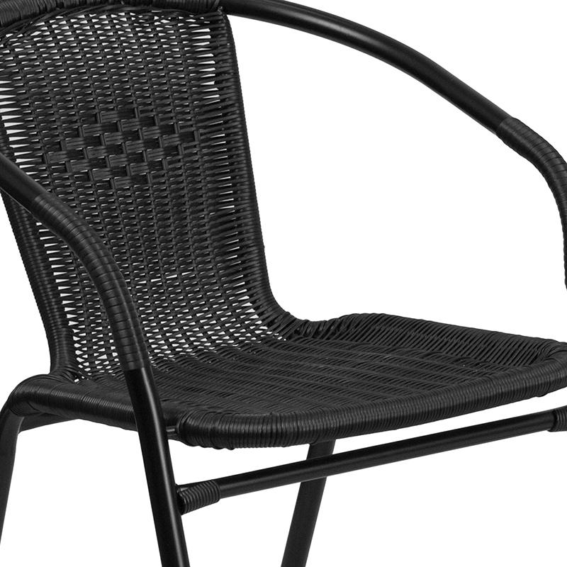 28'' Glass Metal Table with Black Rattan Edging and 2 Black Rattan Stack Chairs. Picture 10