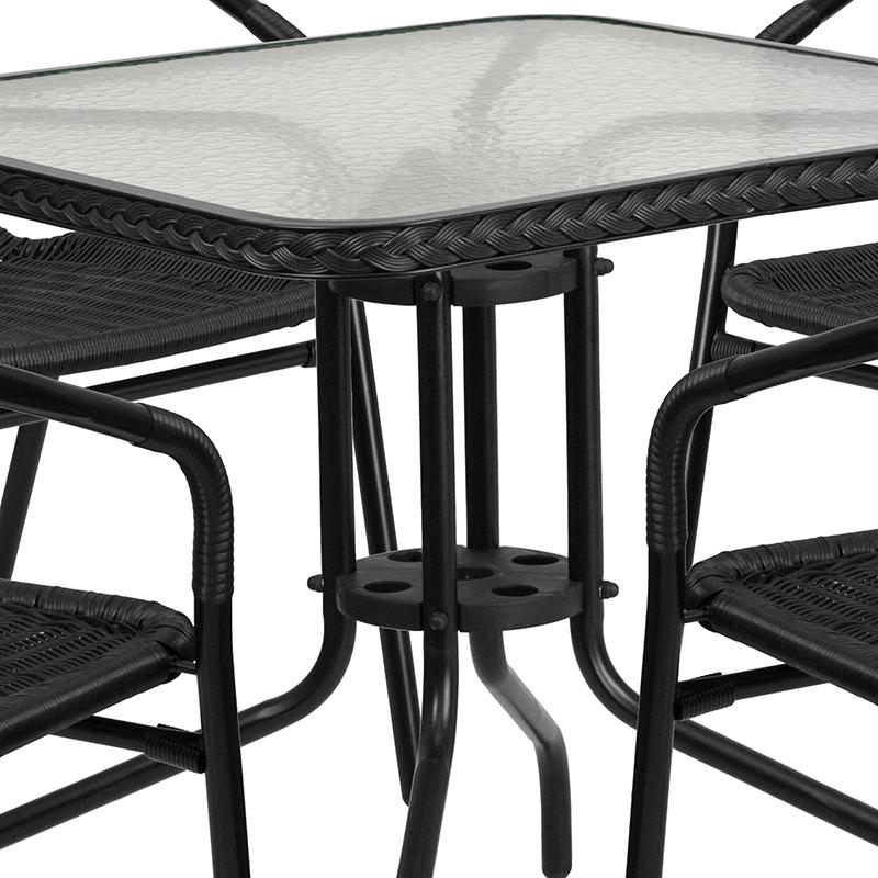 28'' Glass Metal Table with Black Rattan Edging and 4 Black Rattan Stack Chairs. Picture 9