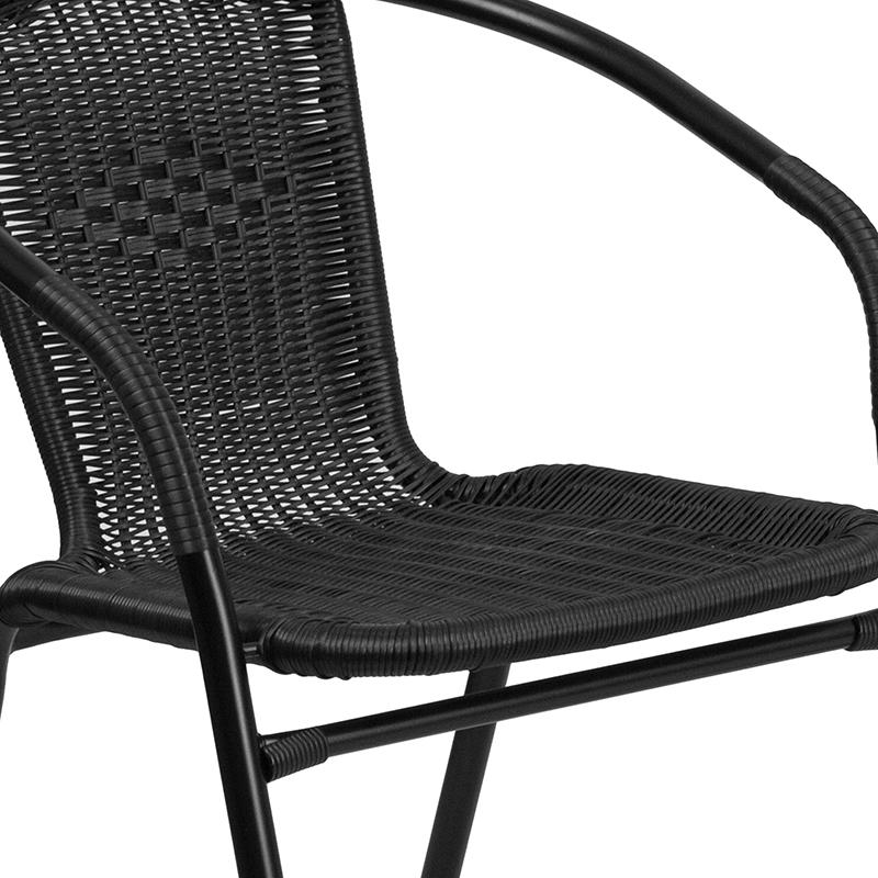 28'' Glass Metal Table with Black Rattan Edging and 4 Black Rattan Stack Chairs. Picture 6