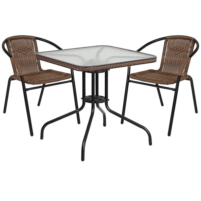 28'' Square Glass Metal Table with Dark Brown Rattan Edging and 2 Dark Brown Rattan Stack Chairs. Picture 1