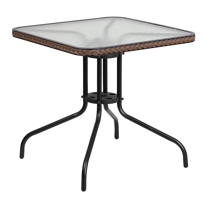 28'' Square Glass Metal Table with Dark Brown Rattan Edging and 2 Dark Brown Rattan Stack Chairs. Picture 2