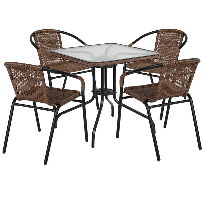 28'' Square Glass Metal Table with Dark Brown Rattan Edging and 4 Dark Brown Rattan Stack Chairs. Picture 1