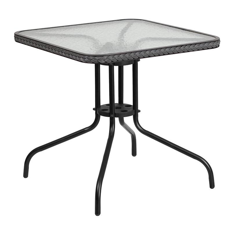 28'' Glass Metal Table with Gray Rattan Edging and 2 Gray Rattan Stack Chairs. Picture 7