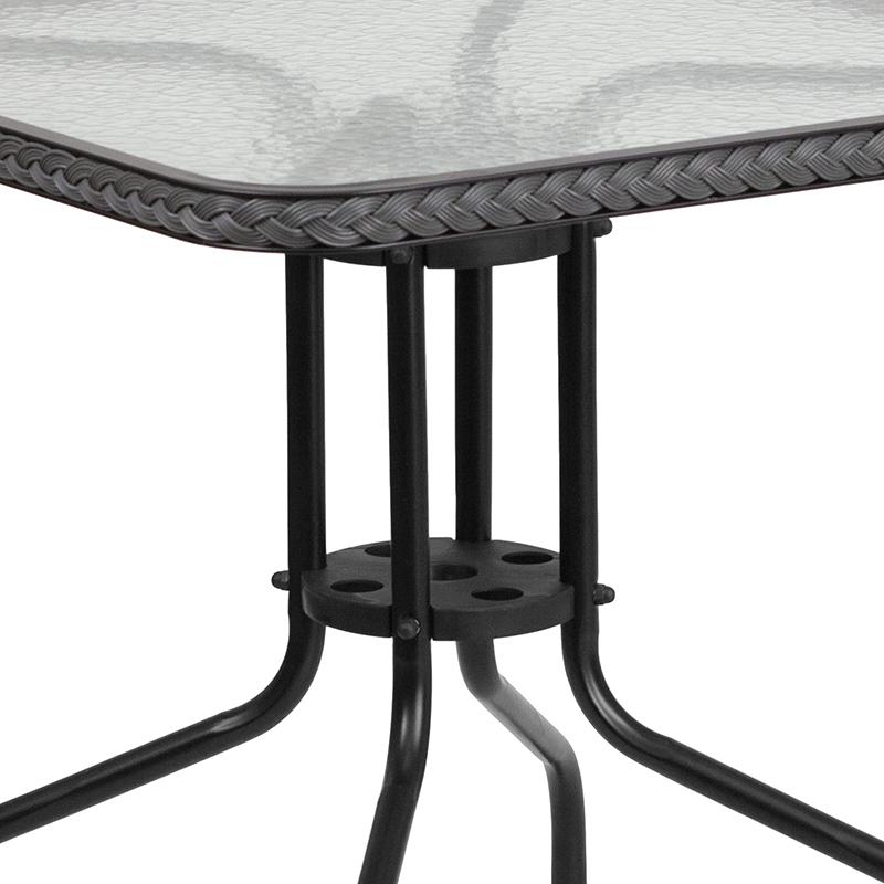 28'' Glass Metal Table with Gray Rattan Edging and 2 Gray Rattan Stack Chairs. Picture 6