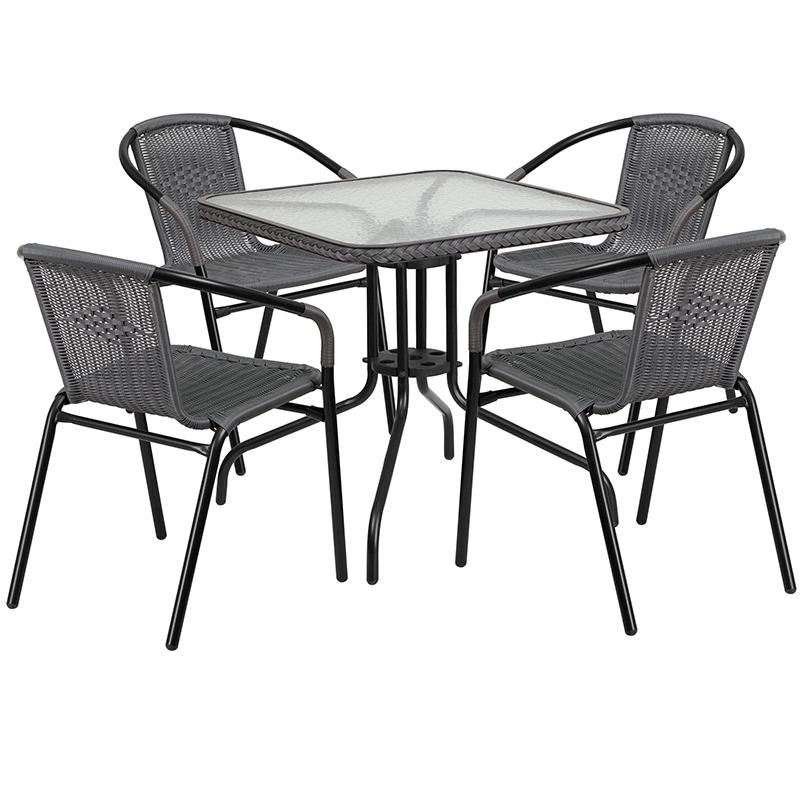 28'' Square Glass Metal Table with Gray Rattan Edging and 4 Gray Rattan Stack Chairs. Picture 1