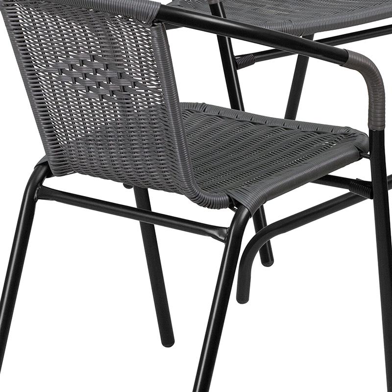 28'' Square Glass Metal Table with Gray Rattan Edging and 4 Gray Rattan Stack Chairs. Picture 5