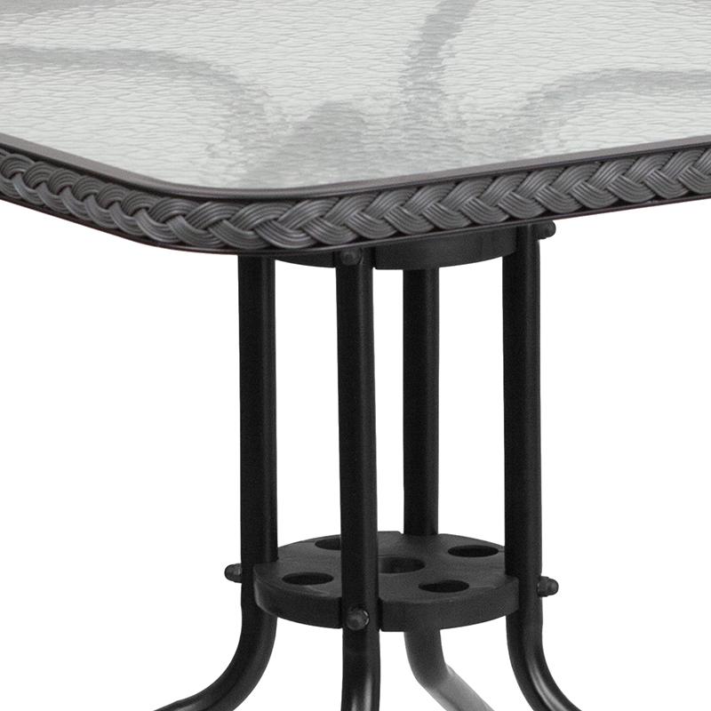 28'' Square Glass Metal Table with Gray Rattan Edging and 4 Gray Rattan Stack Chairs. Picture 6