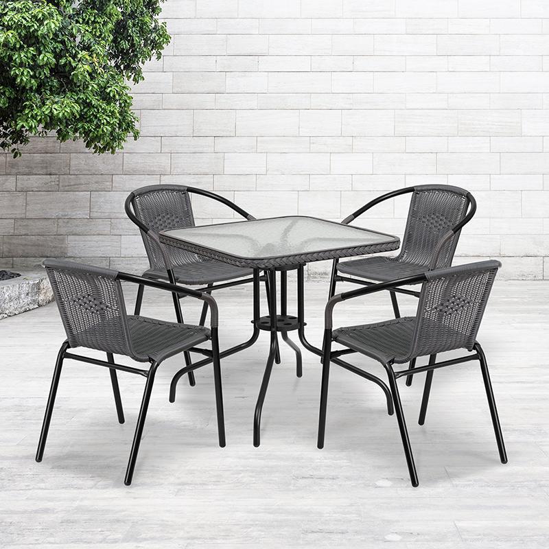 28'' Square Glass Metal Table with Gray Rattan Edging and 4 Gray Rattan Stack Chairs. Picture 7