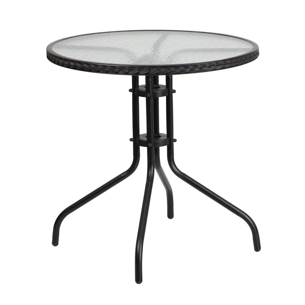 28'' Round Tempered Glass Metal Table with Black Rattan Edging. Picture 1