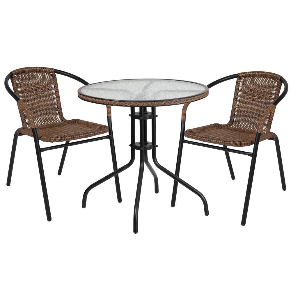 28'' Round Glass Metal Table with Dark Brown Rattan Edging and 2 Dark Brown Rattan Stack Chairs. Picture 1