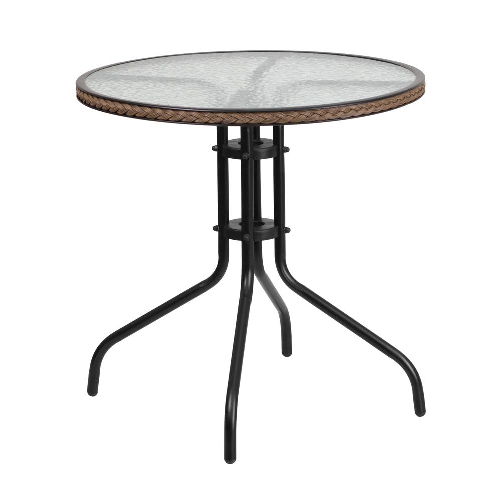 28'' Round Glass Metal Table with Dark Brown Rattan Edging and 2 Dark Brown Rattan Stack Chairs. Picture 2