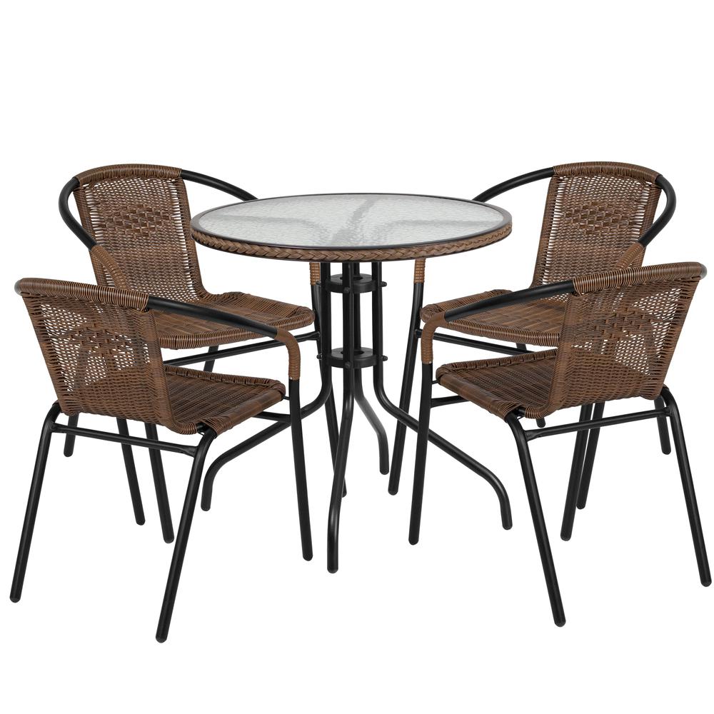 28'' Round Glass Metal Table with Dark Brown Rattan Edging and 4 Dark Brown Rattan Stack Chairs. Picture 1