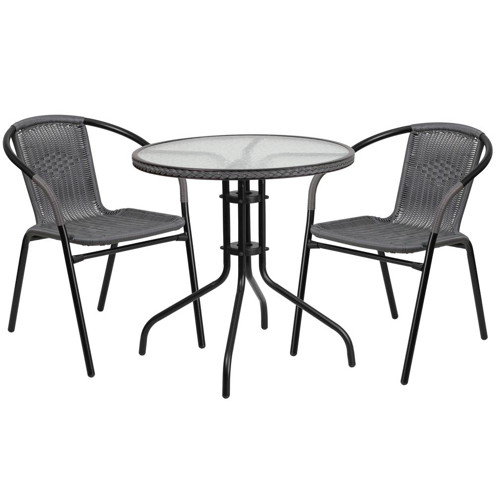 28'' Round Glass Metal Table with Gray Rattan Edging and 2 Gray Rattan Stack Chairs. Picture 2
