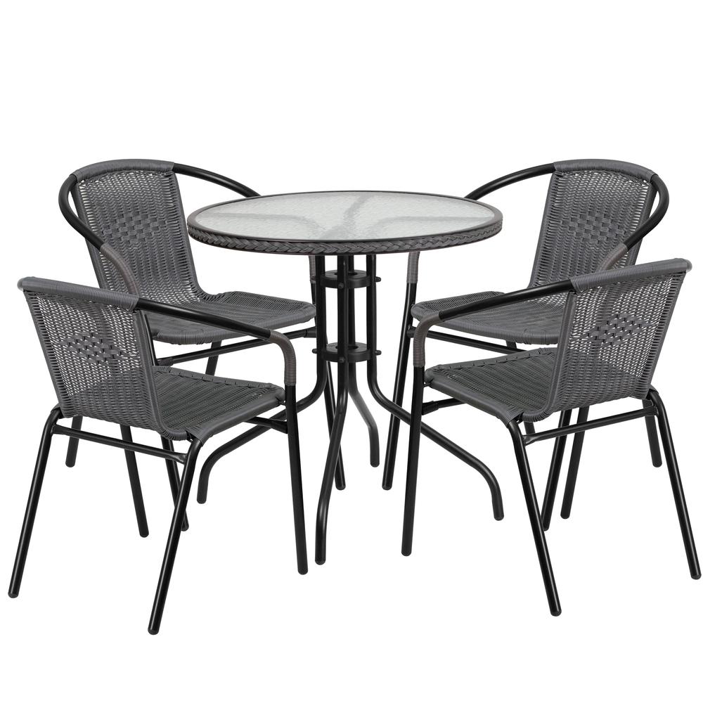 28'' Round Glass Metal Table with Gray Rattan Edging and 4 Gray Rattan Stack Chairs. Picture 1