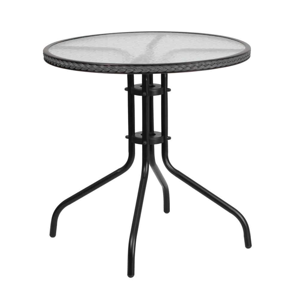 28'' Glass Metal Table with Gray Rattan Edging and 4 Gray Rattan Stack Chairs. Picture 3