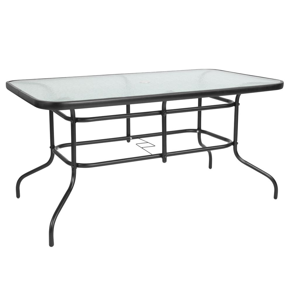 31.5" x 55" Rectangular Tempered Glass Metal Table with Umbrella Hole. Picture 1