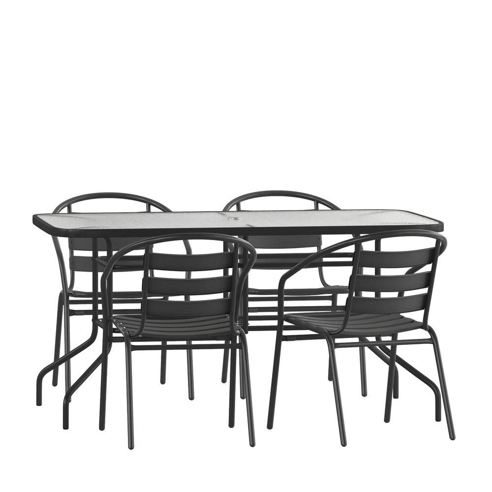 5 Piece Set - 55" Tempered Glass Patio Table - 4 Black Metal Chairs. Picture 1