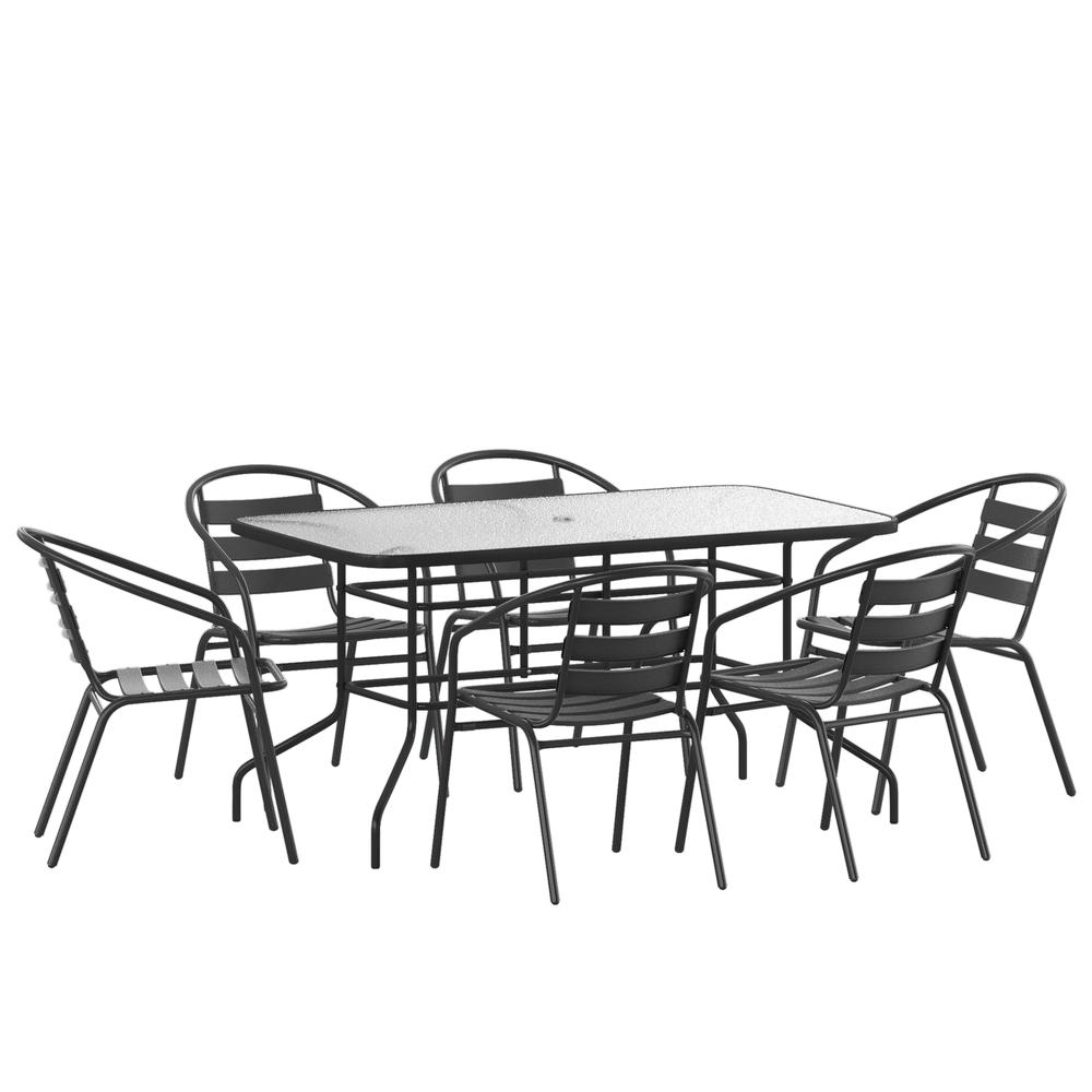 7 Piece Set - 55" Tempered Glass Patio Table, 6 Black Metal Chairs. Picture 1