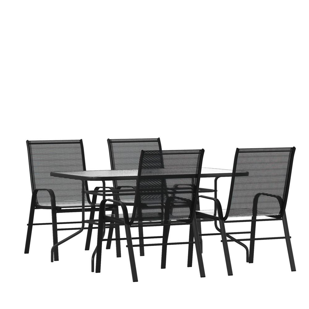 5 Piece Outdoor Patio Dining Set - 55" Tempered Glass Patio Table with Umbrella Hole, 4 Black Flex Comfort Stack Chairs. The main picture.