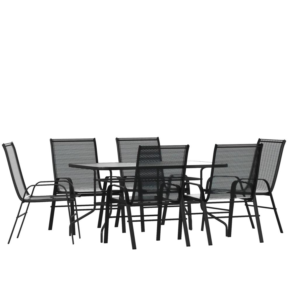 7 Piece Set - 55" Tempered Glass Patio Table, 6 Black Stack Chairs. Picture 1