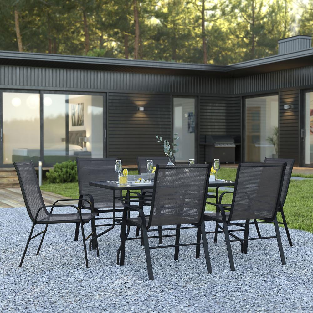 7 Piece Set - 55" Tempered Glass Patio Table, 6 Black Stack Chairs. Picture 2