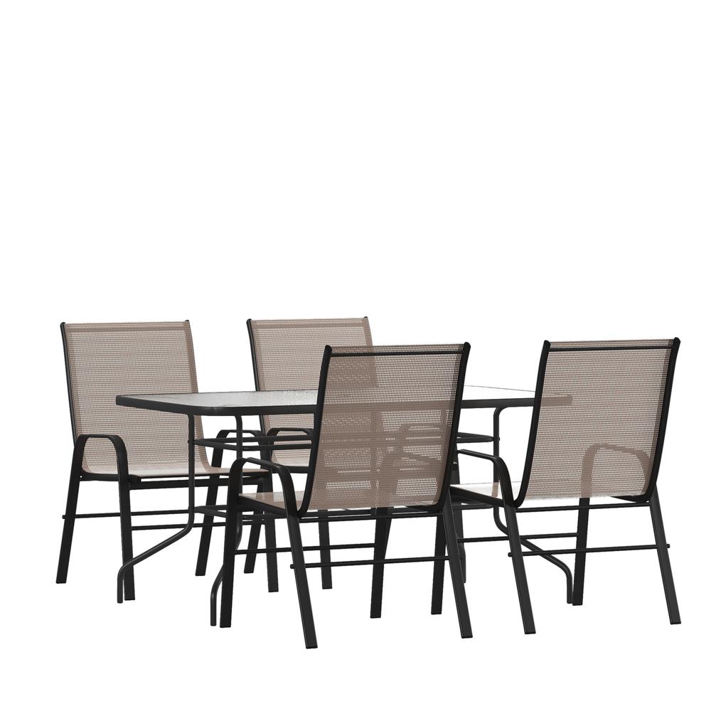 5 Piece Set - 55" Tempered Glass Patio Table, 4 Brown Stack Chairs. Picture 1