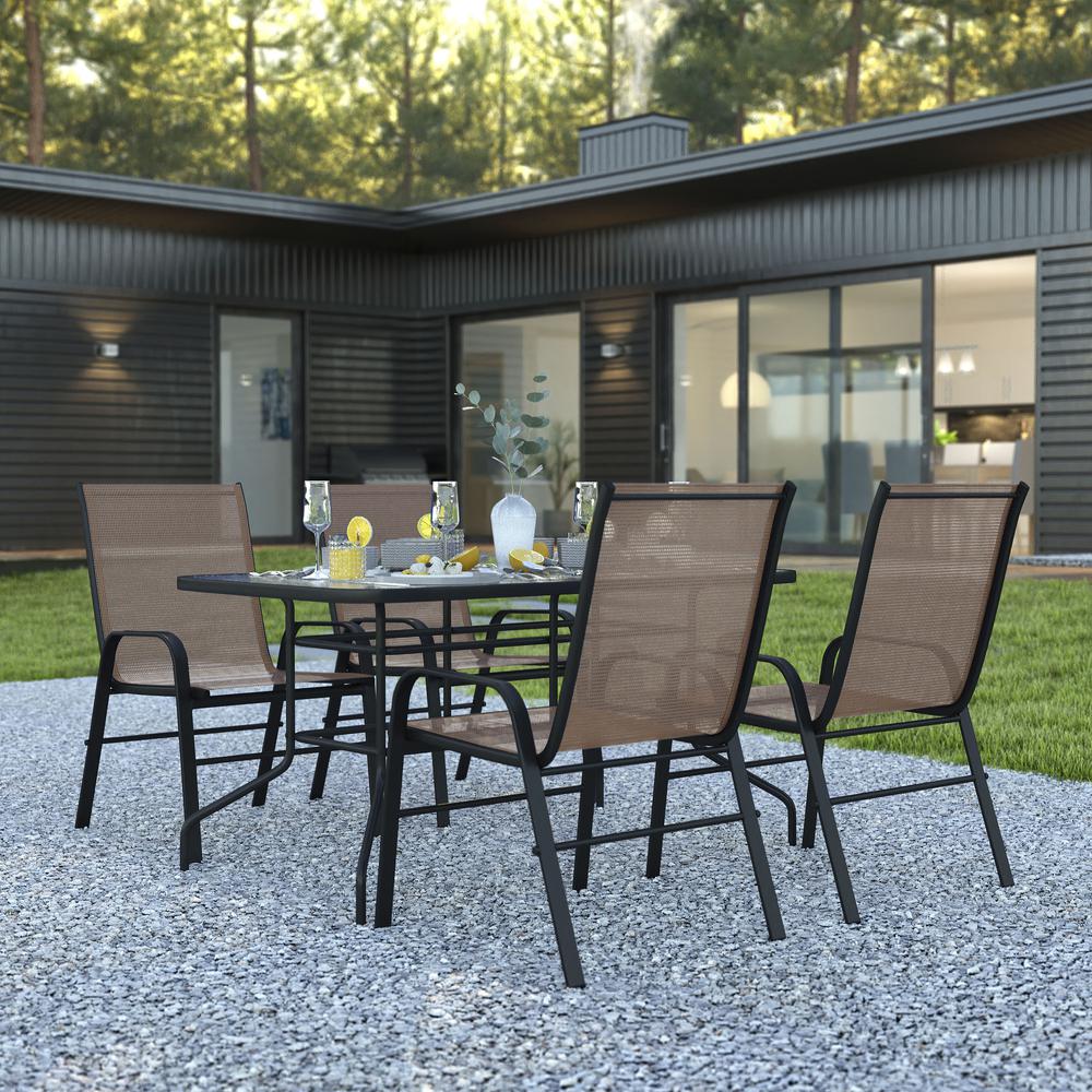 5 Piece Set - 55" Tempered Glass Patio Table, 4 Brown Stack Chairs. Picture 2