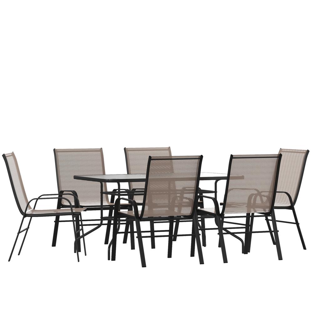 7 Piece Outdoor Patio Dining Set - 55" Tempered Glass Patio Table with Umbrella Hole, 6 Brown Flex Comfort Stack Chairs. The main picture.