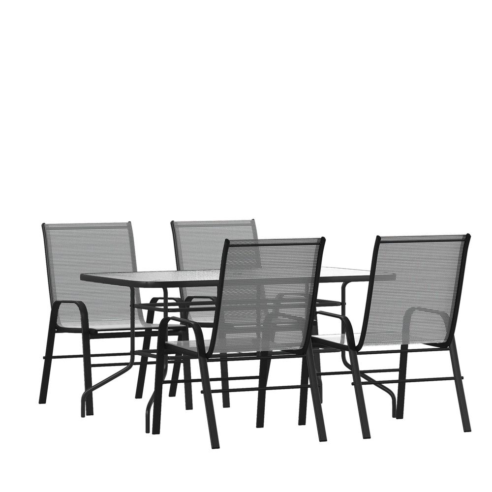 5 Piece Set - 55" Tempered Glass Patio Table, 4 Gray Stack Chairs. Picture 1