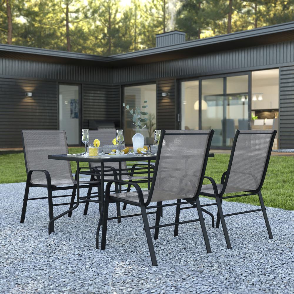 5 Piece Set - 55" Tempered Glass Patio Table, 4 Gray Stack Chairs. Picture 2
