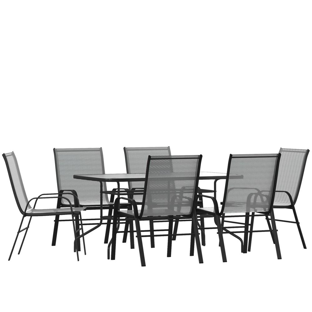 7 Piece Set - 55" Tempered Glass Patio Table, 6 Gray Stack Chairs. Picture 1