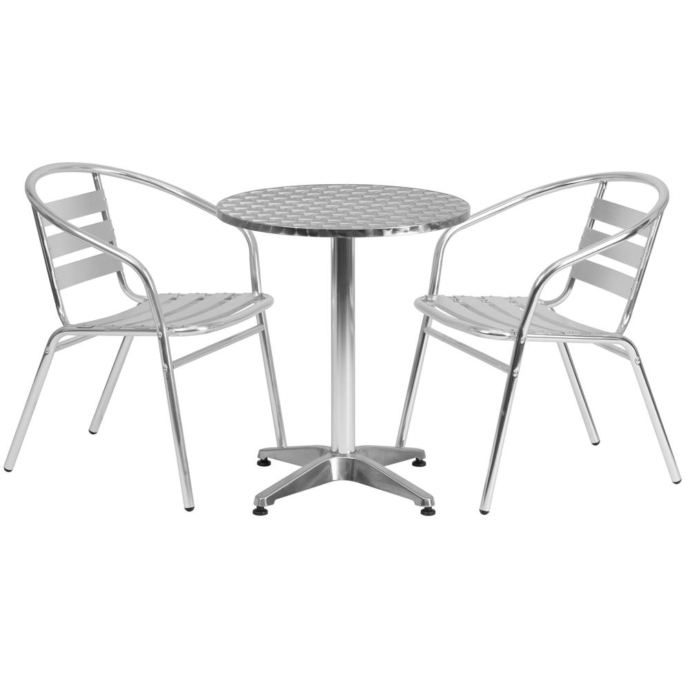 23.5'' Round Aluminum Indoor-Outdoor Table Set with 2 Slat Back Chairs. The main picture.