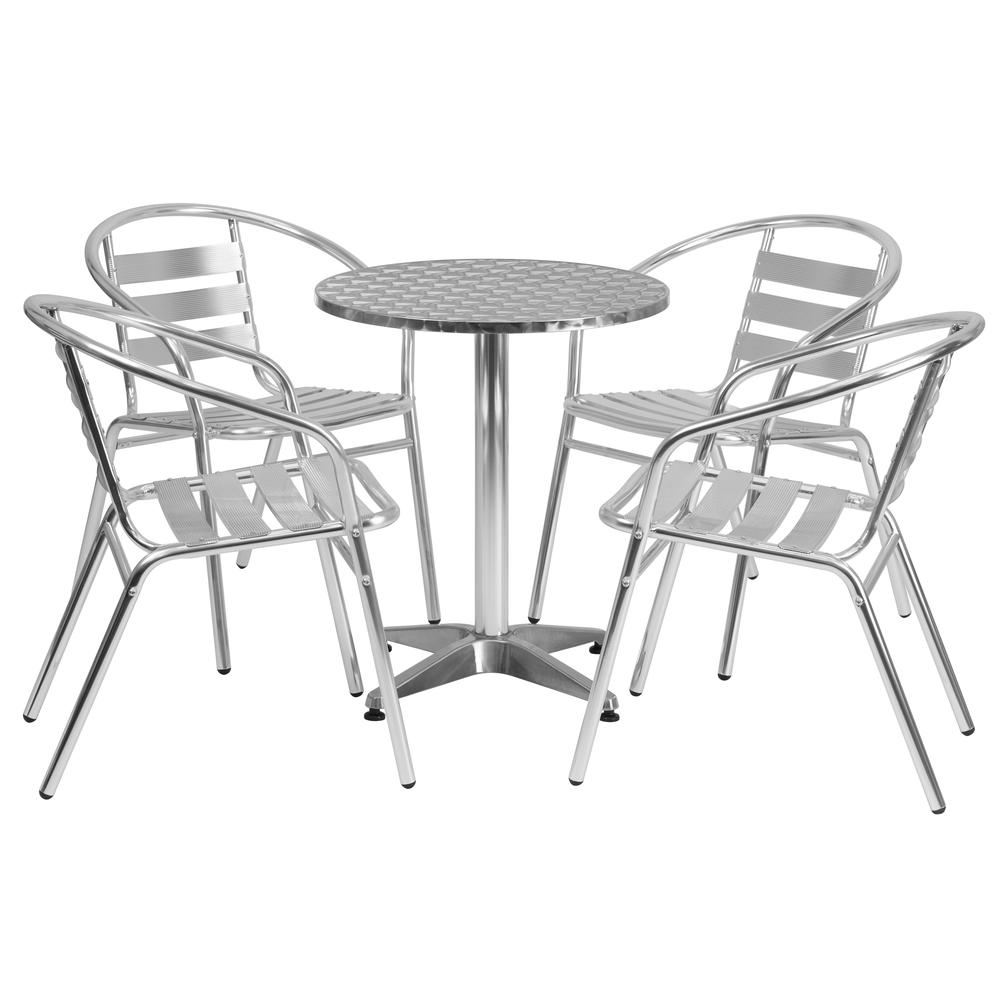 23.5'' Round Aluminum Indoor-Outdoor Table Set with 4 Slat Back Chairs. Picture 1