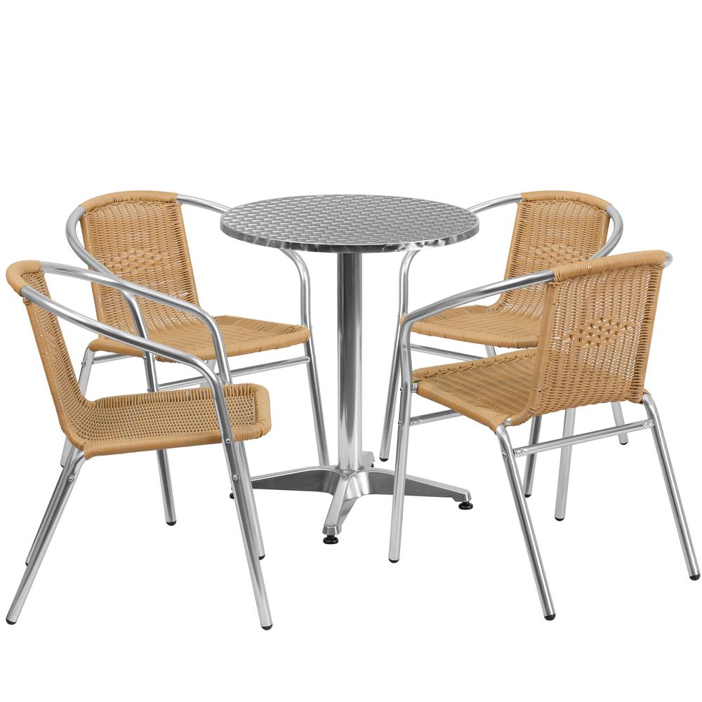 23.5'' Round Aluminum Indoor-Outdoor Table Set with 4 Beige Rattan Chairs. The main picture.