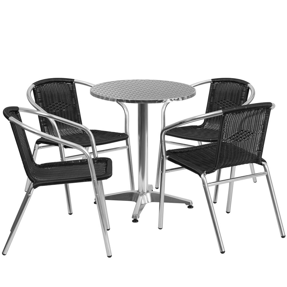 23.5'' Round Aluminum Indoor-Outdoor Table Set with 4 Black Rattan Chairs. Picture 2