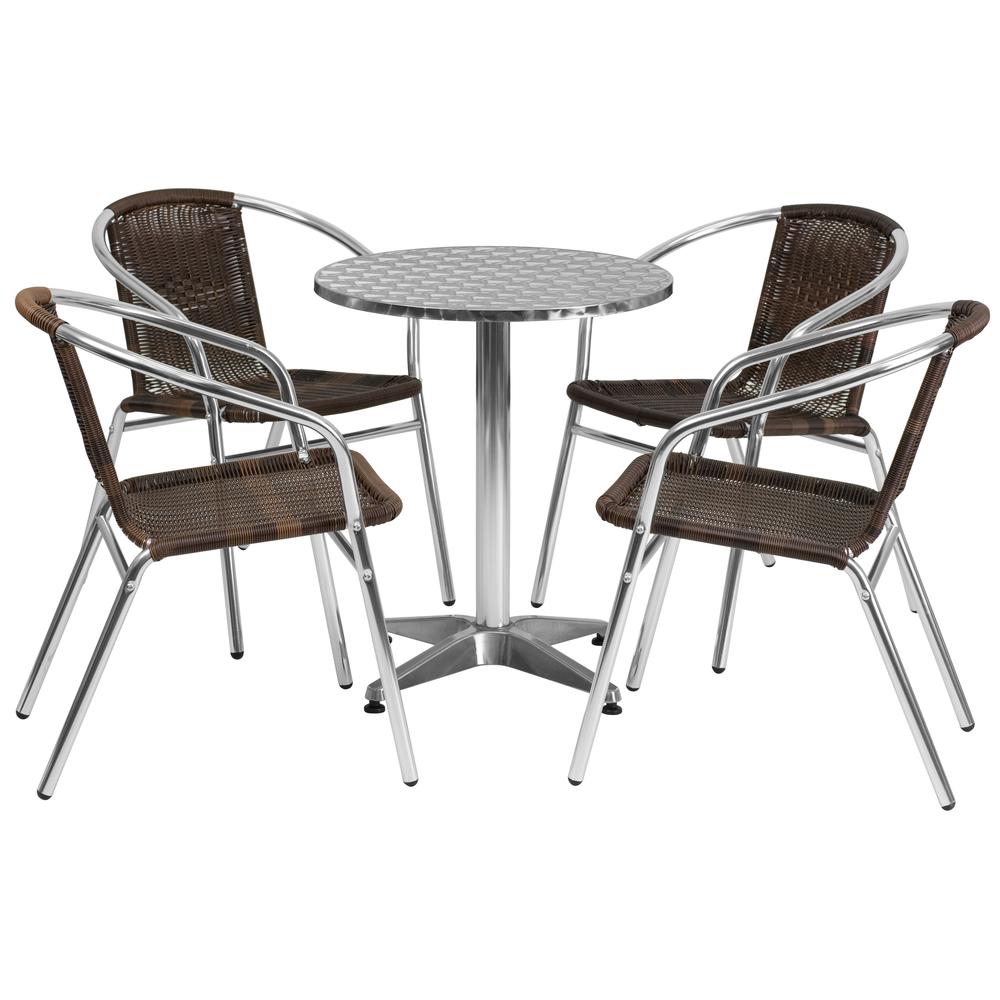 23.5'' Round Aluminum Indoor-Outdoor Table Set with 4 Dark Brown Rattan Chairs. Picture 2