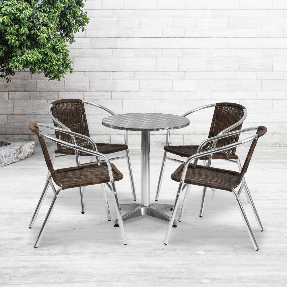 23.5'' Round Aluminum Indoor-Outdoor Table Set with 4 Dark Brown Rattan Chairs. The main picture.