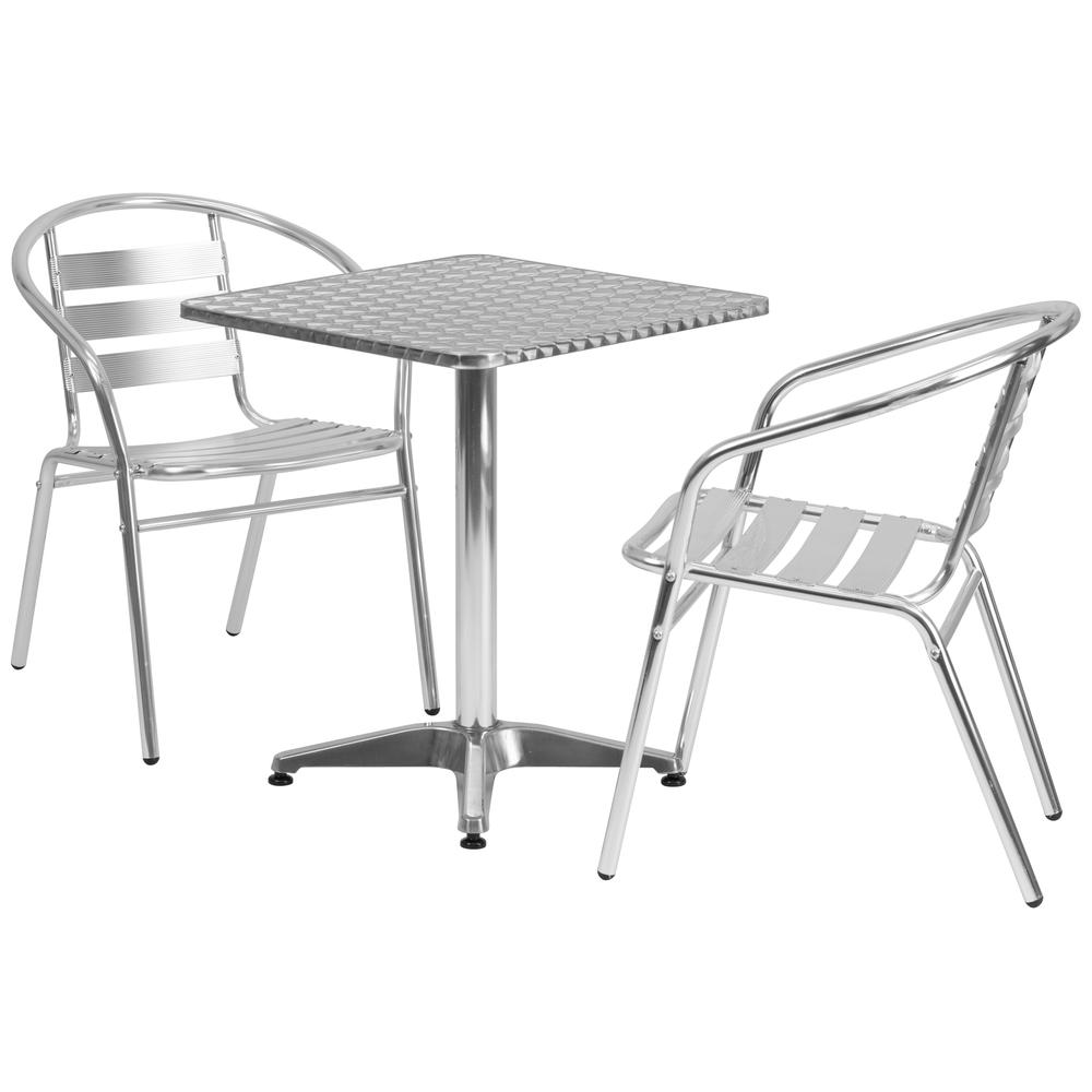 23.5'' Square Aluminum Indoor-Outdoor Table Set with 2 Slat Back Chairs. Picture 2