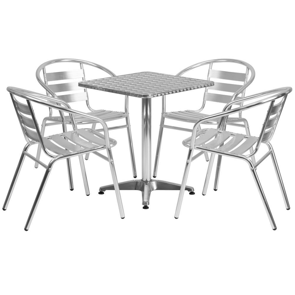 23.5'' Square Aluminum Indoor-Outdoor Table Set with 4 Slat Back Chairs. Picture 2