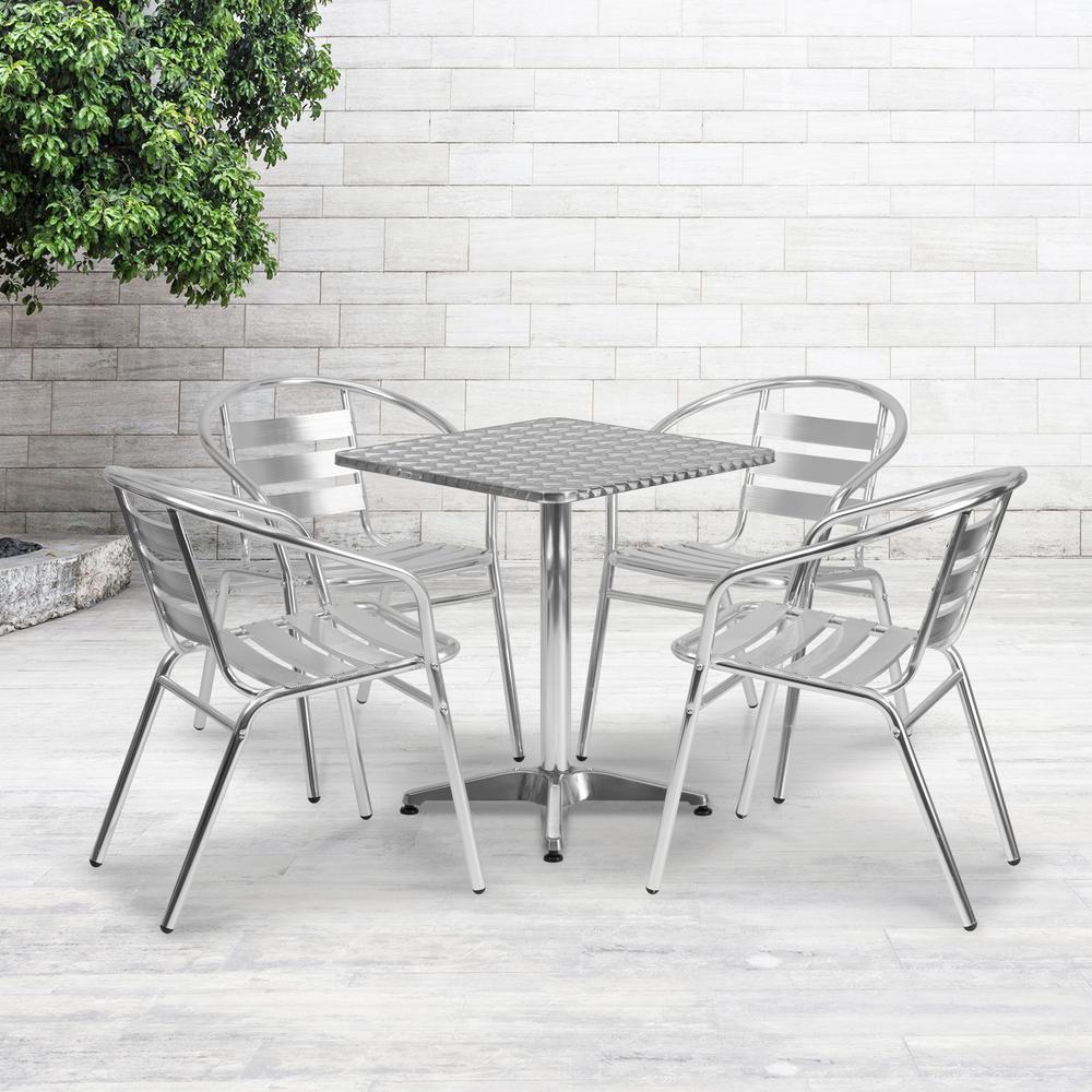 23.5'' Square Aluminum Indoor-Outdoor Table Set with 4 Slat Back Chairs. Picture 1