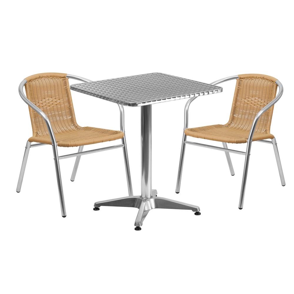 23.5'' Square Aluminum Indoor-Outdoor Table Set with 2 Beige Rattan Chairs. Picture 1