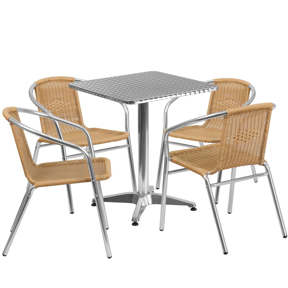 23.5'' Square Aluminum Indoor-Outdoor Table Set with 4 Beige Rattan Chairs. Picture 2