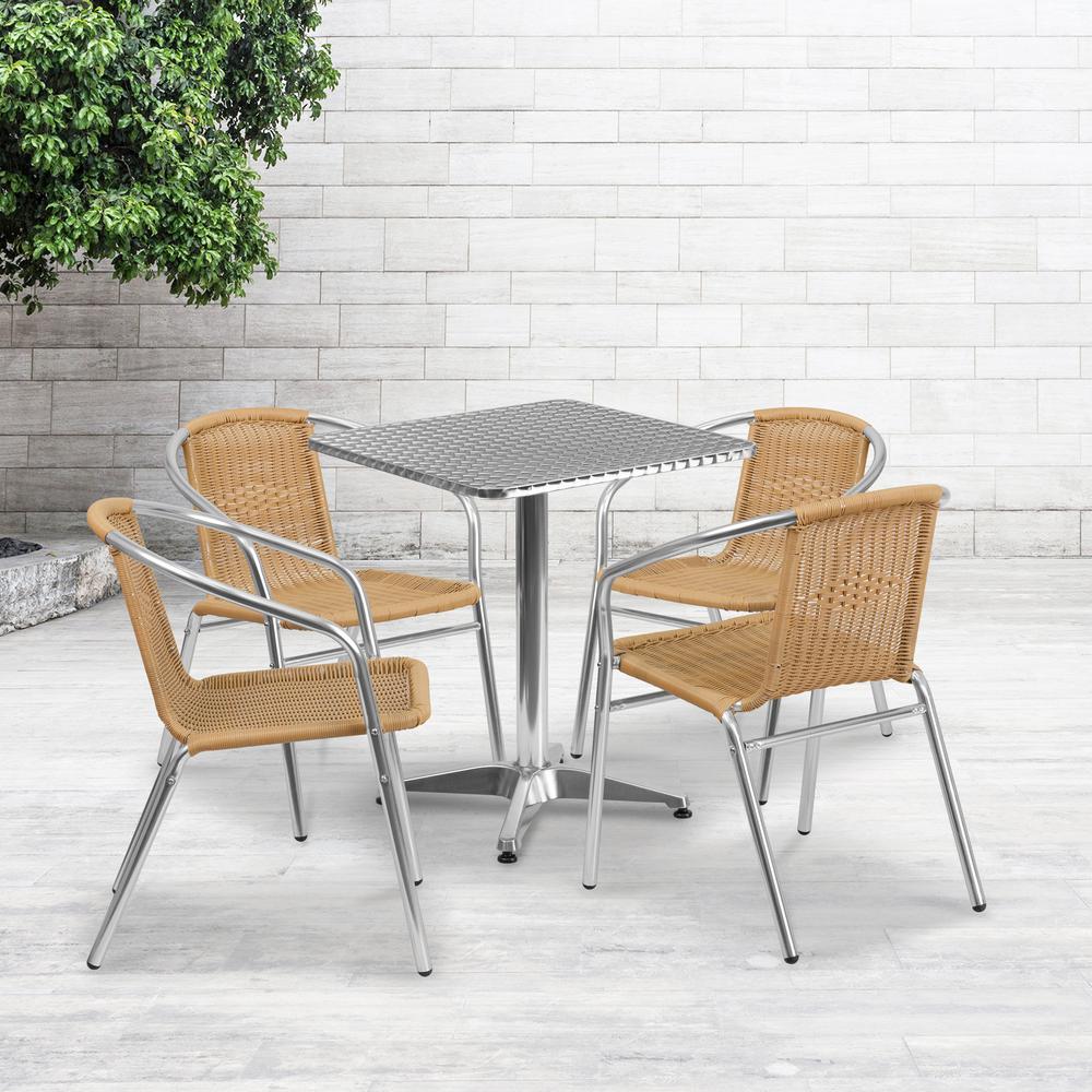 23.5'' Square Aluminum Indoor-Outdoor Table Set with 4 Beige Rattan Chairs. The main picture.