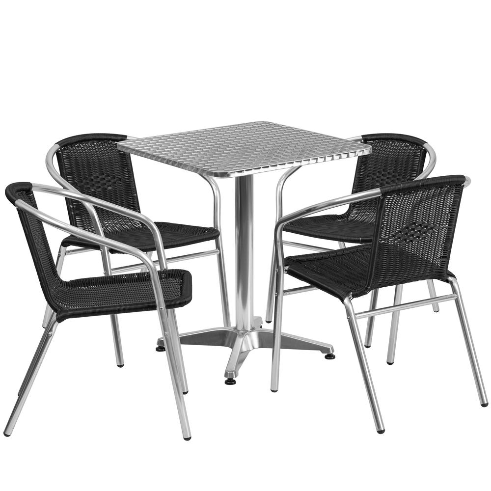 23.5'' Square Aluminum Indoor-Outdoor Table Set with 4 Black Rattan Chairs. Picture 2